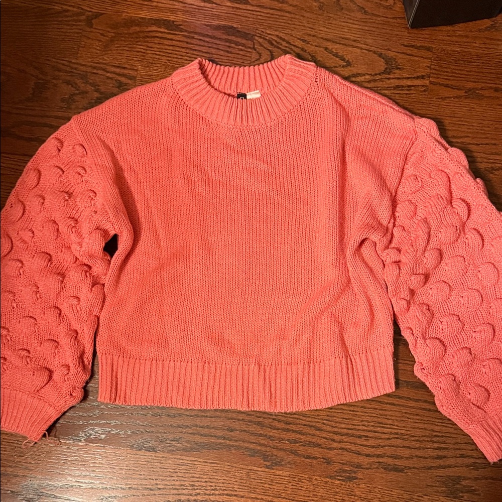 Coral Knit Sweater with Textured Sleeves
